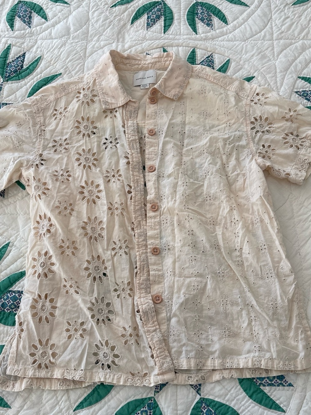 American Eagle Outfitters Light Beige Eyelet Button-Down Shirt